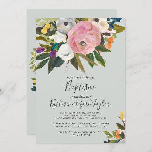 Painted Floral Baby Baptism Invitation