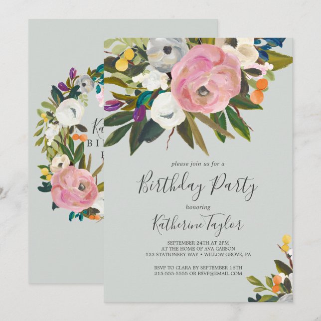 Painted Floral Birthday Party Invitation (Front/Back)