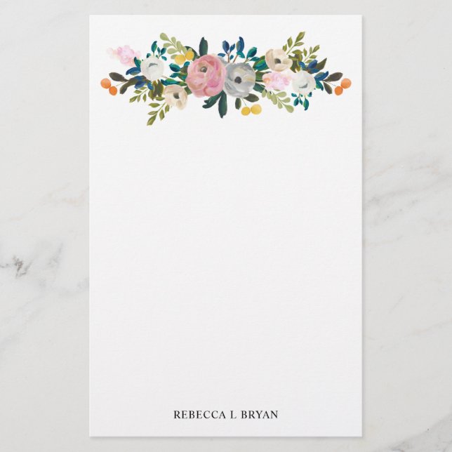 Painted Floral Blooms Spring Garden Garland Stationery (Front)