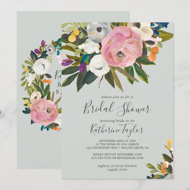 Painted Floral Bridal Shower Invitation (Front/Back)