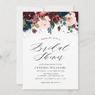 painted floral burgundy navy bridal shower invitation