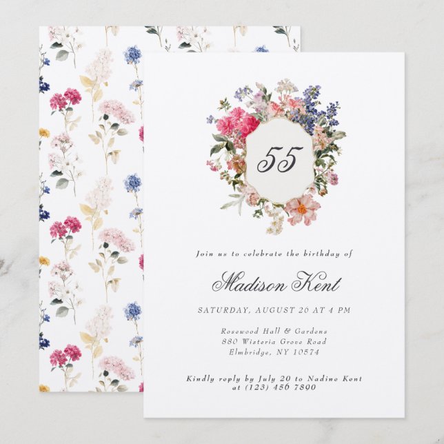 Painted Floral Crest 55th Birthday Party Invitation (Front/Back)