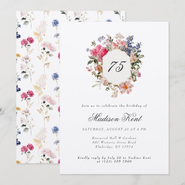 Painted Floral Crest 75th Birthday Party Invitation (Front/Back)