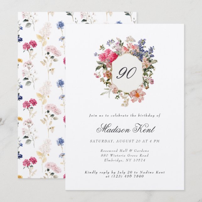 Painted Floral Crest 90th Birthday Party Invitation (Front/Back)