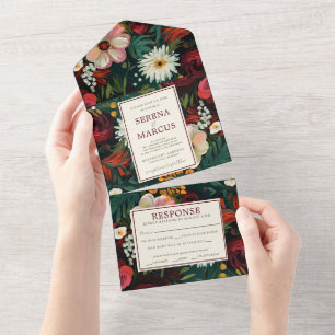 Painted Floral Dark Burgundy Green Teal Wedding All In One Invitation