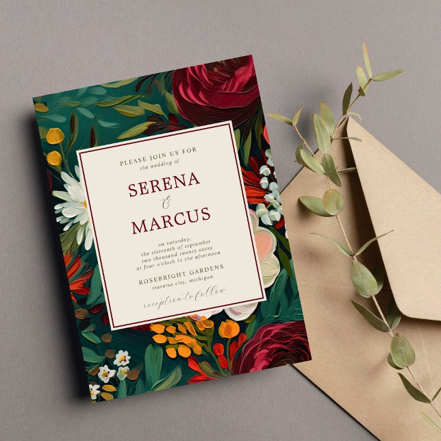 Painted Floral Dark Burgundy Green Teal Wedding Invitation (Creator Uploaded)