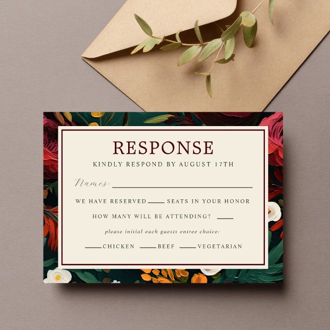 Painted Floral Dark Burgundy Green Teal Wedding RSVP Card (Creator Uploaded)