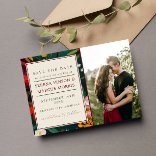 Painted Floral Dark Burgundy Green Teal Wedding Save The Date