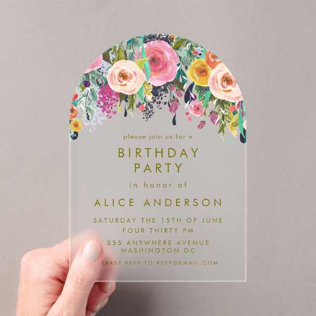 Painted Floral Elegant Birthday Clear Acrylic Invitations (Insitu (Handheld))