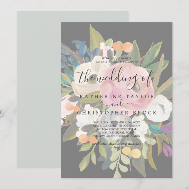 Painted Floral | Faded Dark Gray The Wedding Of Invitation (Front/Back)