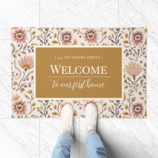 Painted Floral Folk Art Pattern Door Mat