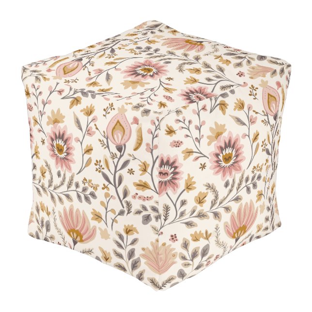 Painted Floral Folk Art Pattern Pouf (Angled Back)