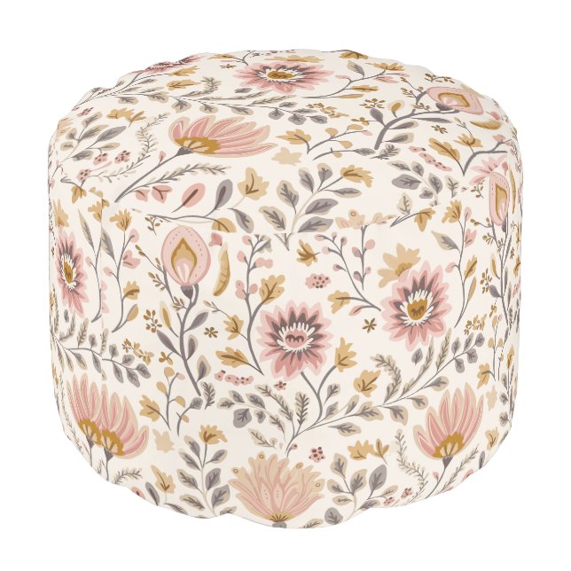 Painted Floral Folk Art Pattern Round Poof Pouf (Angled Back)