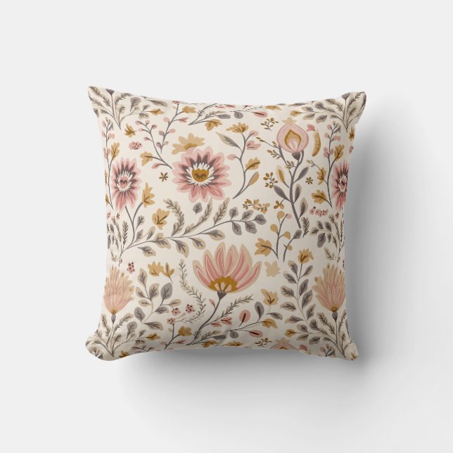 Painted Floral Folk Art Pattern Throw Pillow (Front)