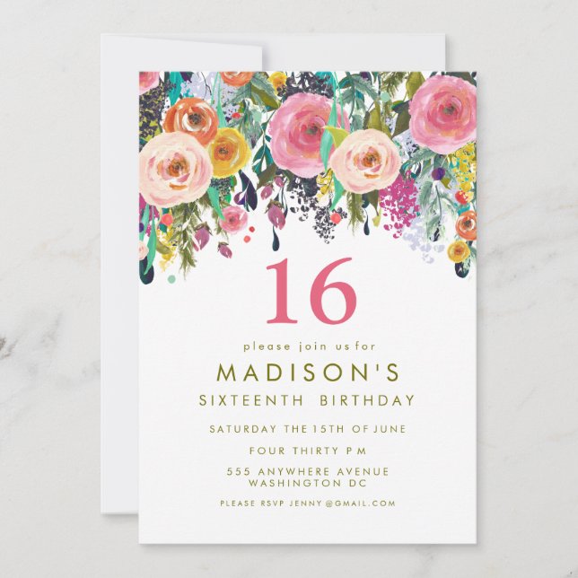 Painted Floral Girls 16th Birthday Invite (Front)