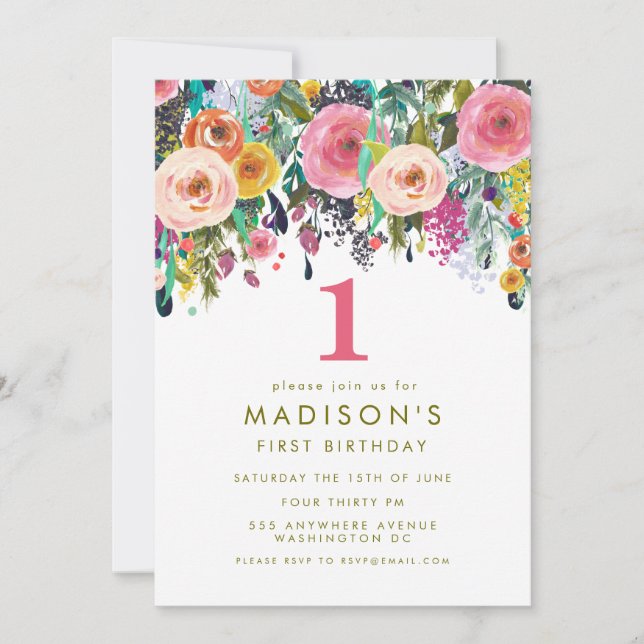 Painted Floral Girls 1st Birthday Invite (Front)
