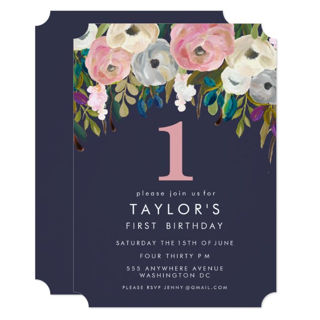 Painted Floral Girls 1st Birthday Invite