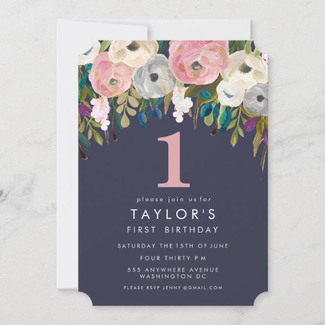 Painted Floral Girls 1st Birthday Invite (Front)