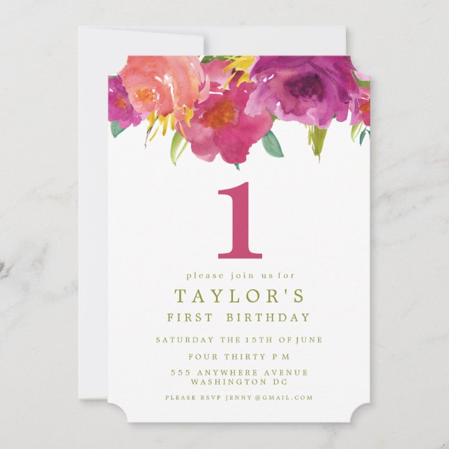 Painted Floral Girls 1st Birthday Invite (Front)