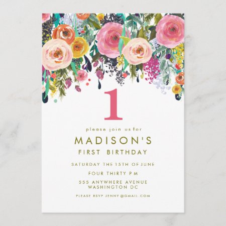 Painted Floral Girls 1st Birthday Invite
