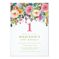 Painted Floral Girls 1st Birthday Invite