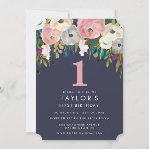 Painted Floral Girls 1st Birthday Invite