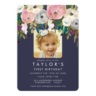 Painted Floral Girls Birthday Party Photo Invite