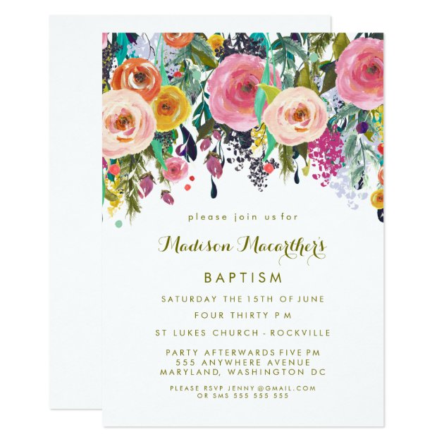Painted Floral Girls Christening Baptism Invite