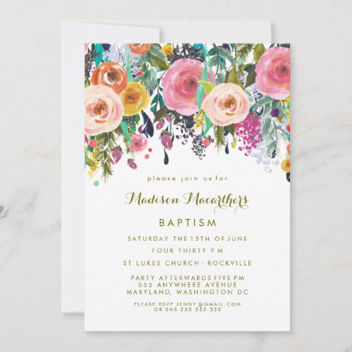 Painted Floral Girls Christening Baptism Invite