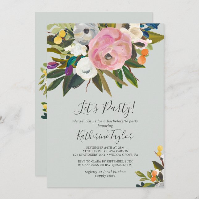 Painted Floral Let's Party Invitation (Front/Back)