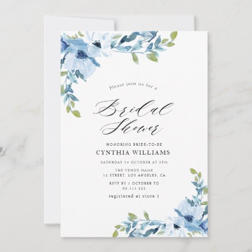 painted floral light blue bridal shower invitation