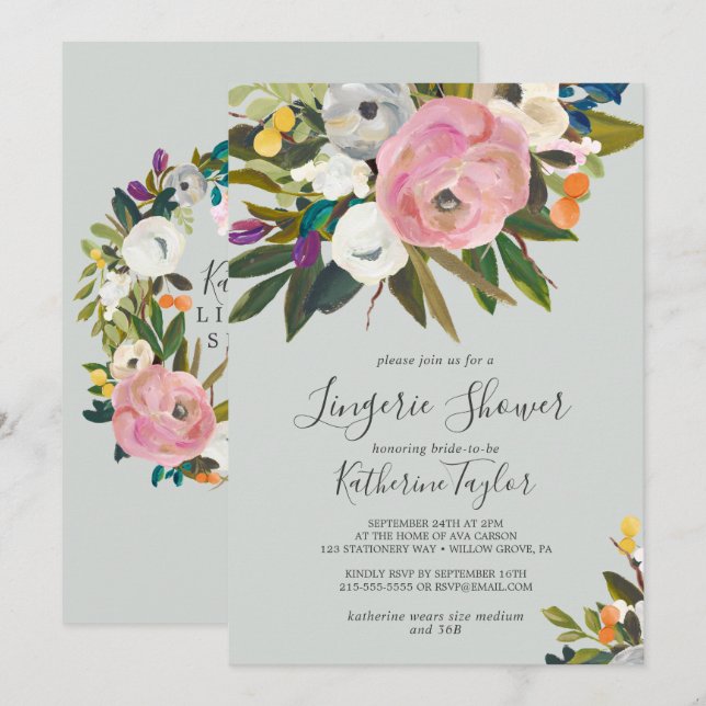 Painted Floral Lingerie Shower Invitation (Front/Back)