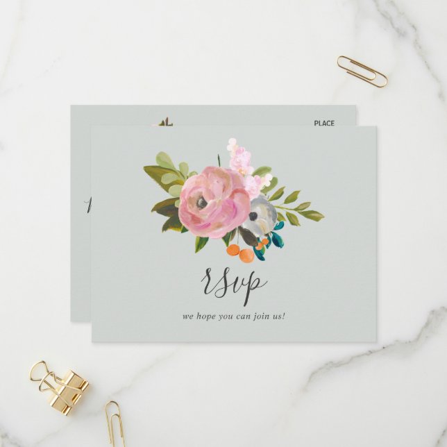 Painted Floral Menu Choice RSVP Postcard (Front/Back In Situ)