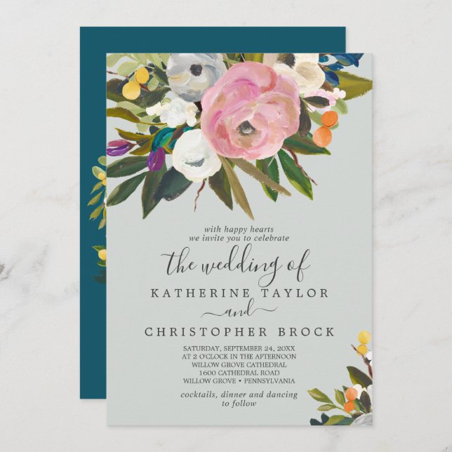 Painted Floral | Monogram The Wedding Of Invitation (Front/Back)
