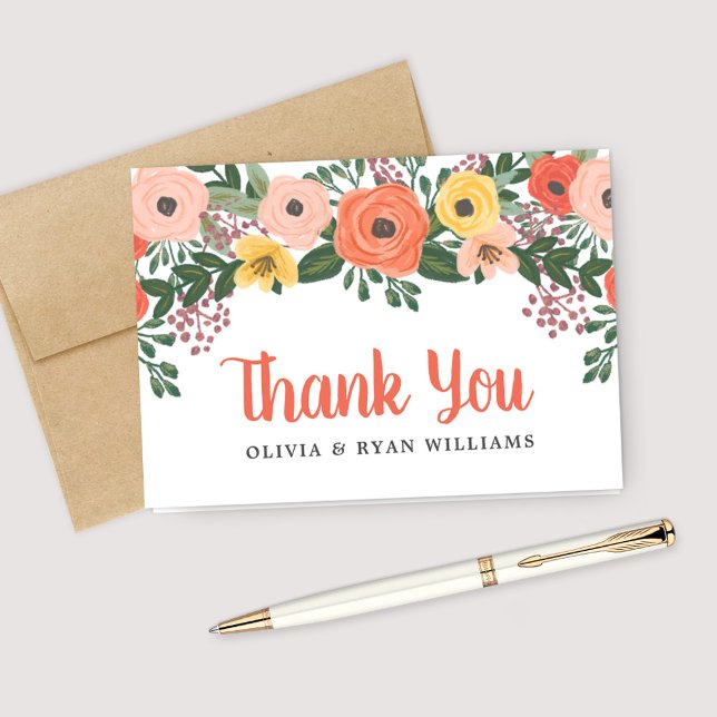 Painted Floral Monogram Wedding Thank You Card (Creator Uploaded)