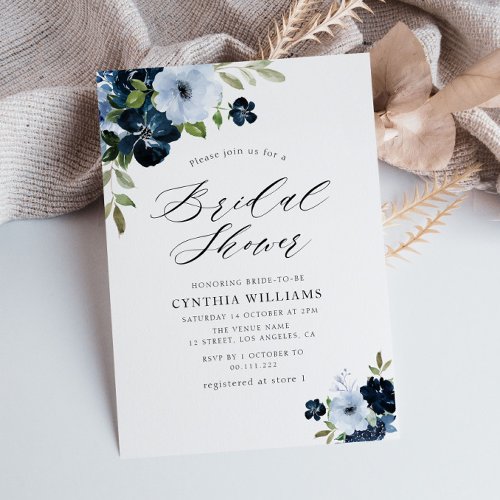 painted floral navy and light blue bridal shower invitation