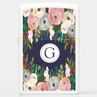 Painted Floral Navy Monogram Zippo Lighter