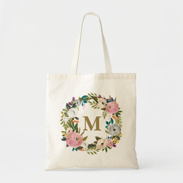 Painted Floral Personalized Monogram Canvas Bag (Front)