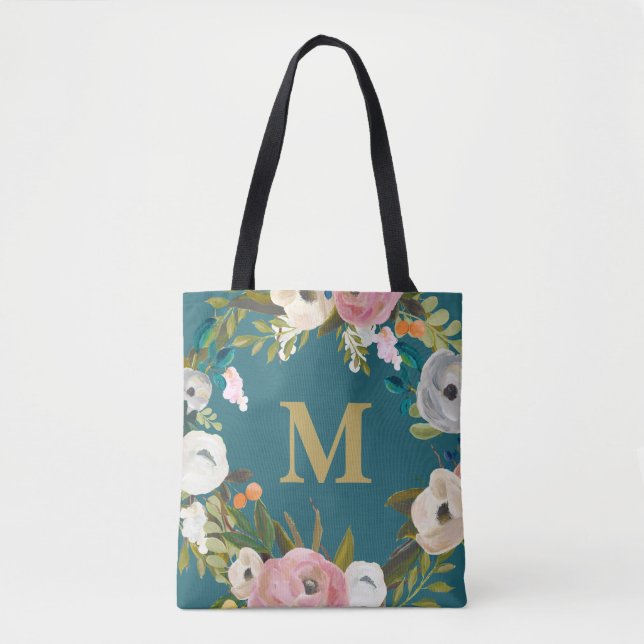 Painted Floral Personalized Monogram Canvas Bag (Front)