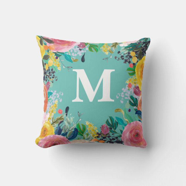 Painted Floral Personalized Monogram Initial Throw Pillow (Front)