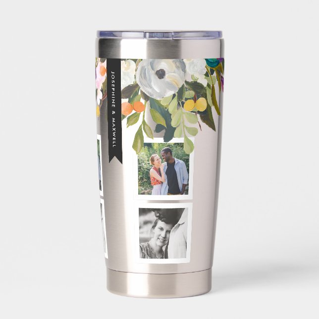 Painted Floral Photo Collage Personalized Names Insulated Tumbler (Back)