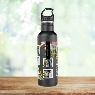Painted Floral Photo Collage Personalized Names Stainless Steel Water Bottle