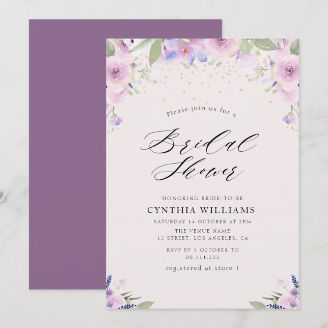 painted floral purple lavender bridal shower invitation (Front/Back)