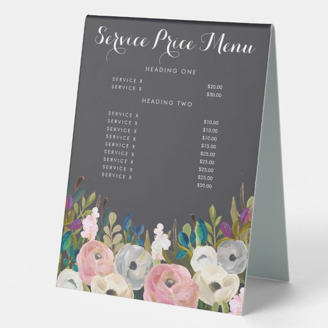 Painted Floral  Service Price Menu Custom Made Table Tent (Front)