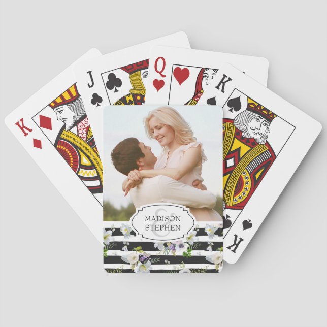Painted Floral Striped Pattern - Wedding Photo Poker Cards (Back)