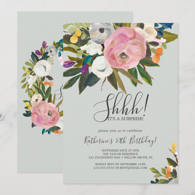 Painted Floral Surprise Party Invitation (Front/Back)