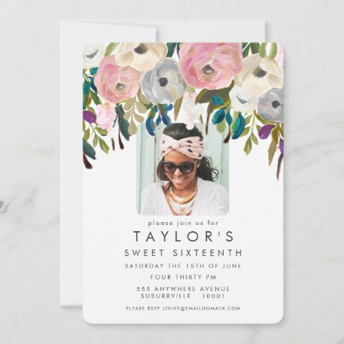 Painted Floral Sweet 16 Birthday Party Photo Invitation