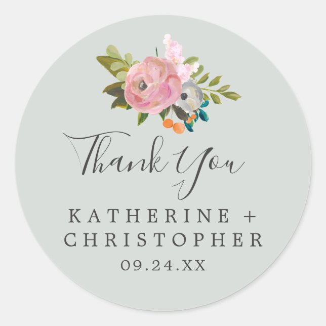 Painted Floral Thank You Wedding Favor Sticker (Front)