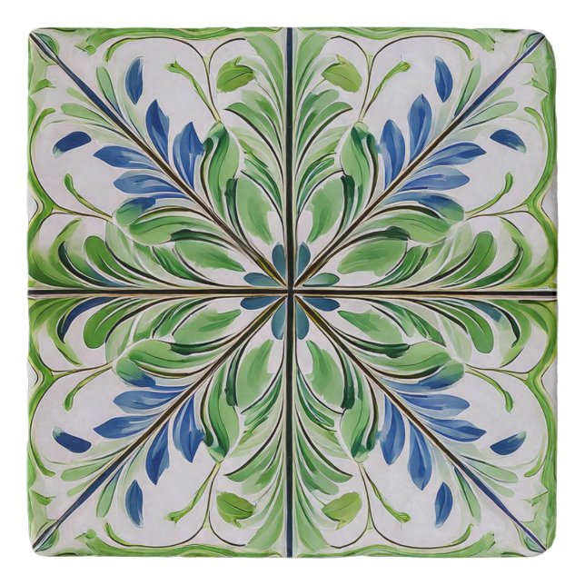 Painted Floral Tile Pat#14 Blue Green ID1078 Trivet (Front)