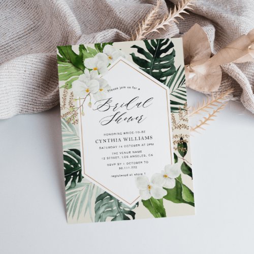 painted floral tropical palm leaves bridal shower invitation